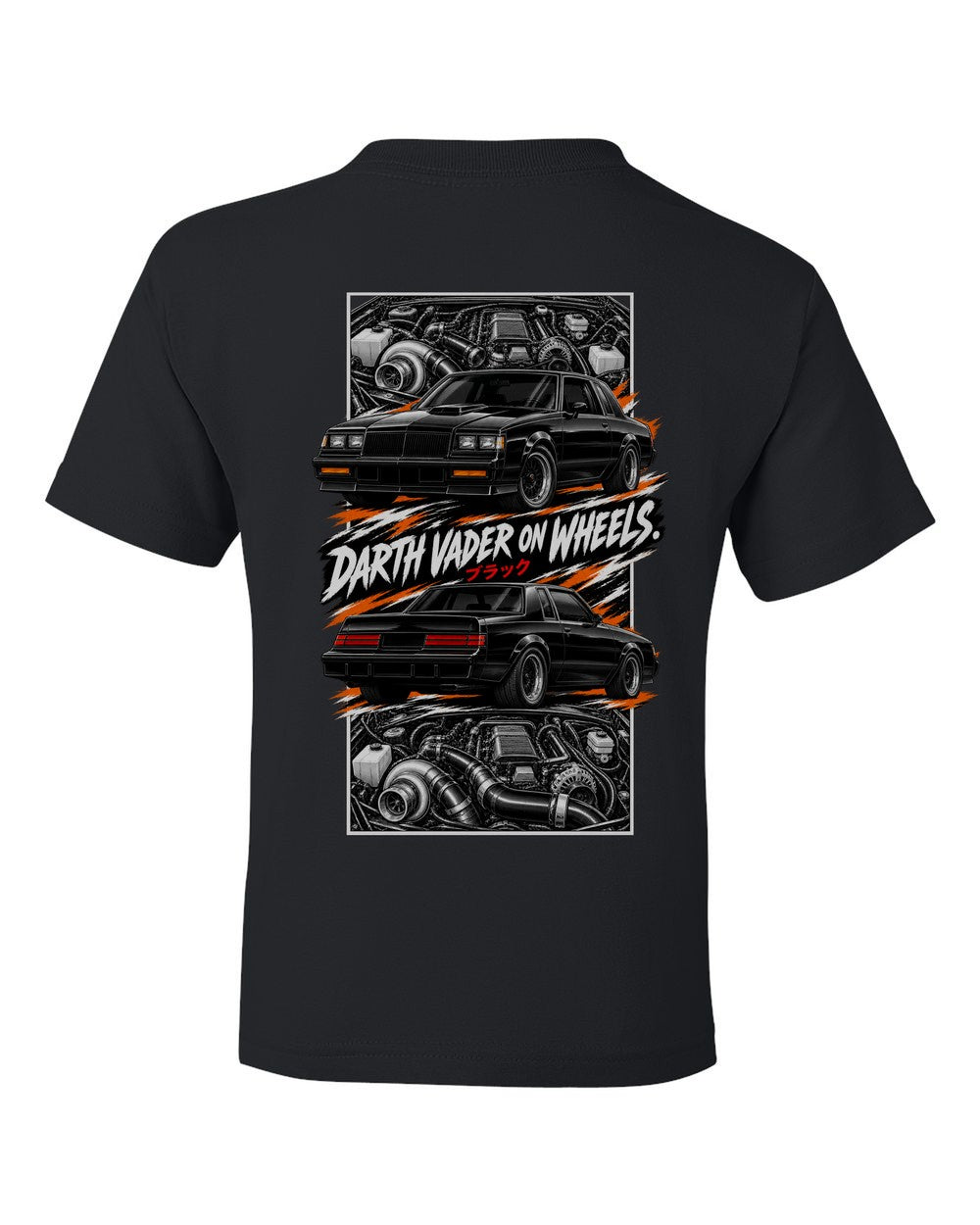 Buick Grand National torn poster black kids tee back view with the design