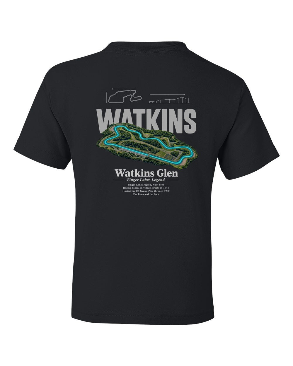 Watkins Glen black kids tee back view with the design