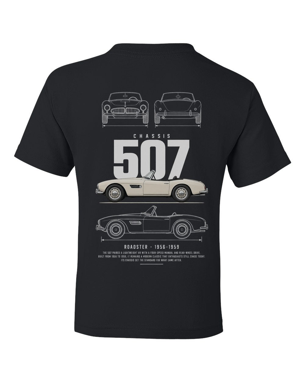 507 full-back artwork black kids tee back view with the design