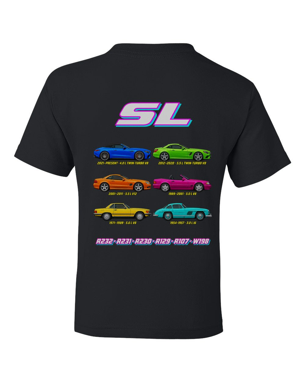 Mercedes SL evolution poster black kids tee back view with the design