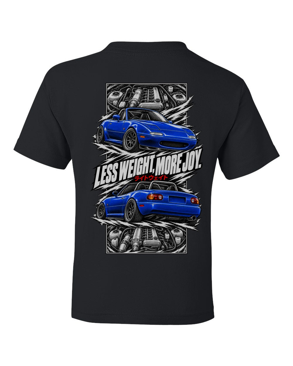 Mazda MX-5 Miata Na torn poster black kids tee back view with the design
