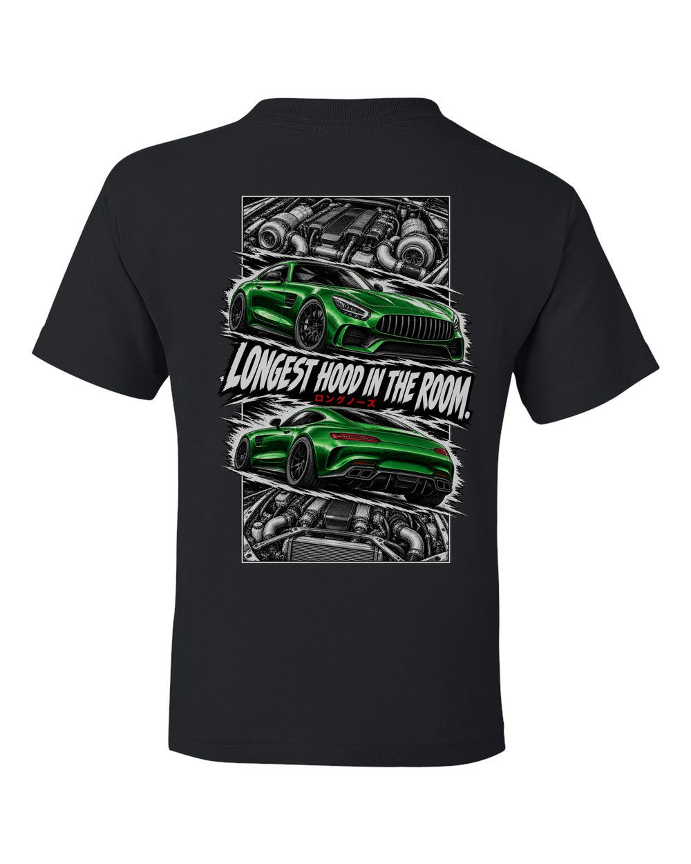 Mercedes-AMG Gt torn poster black kids tee back view with the design