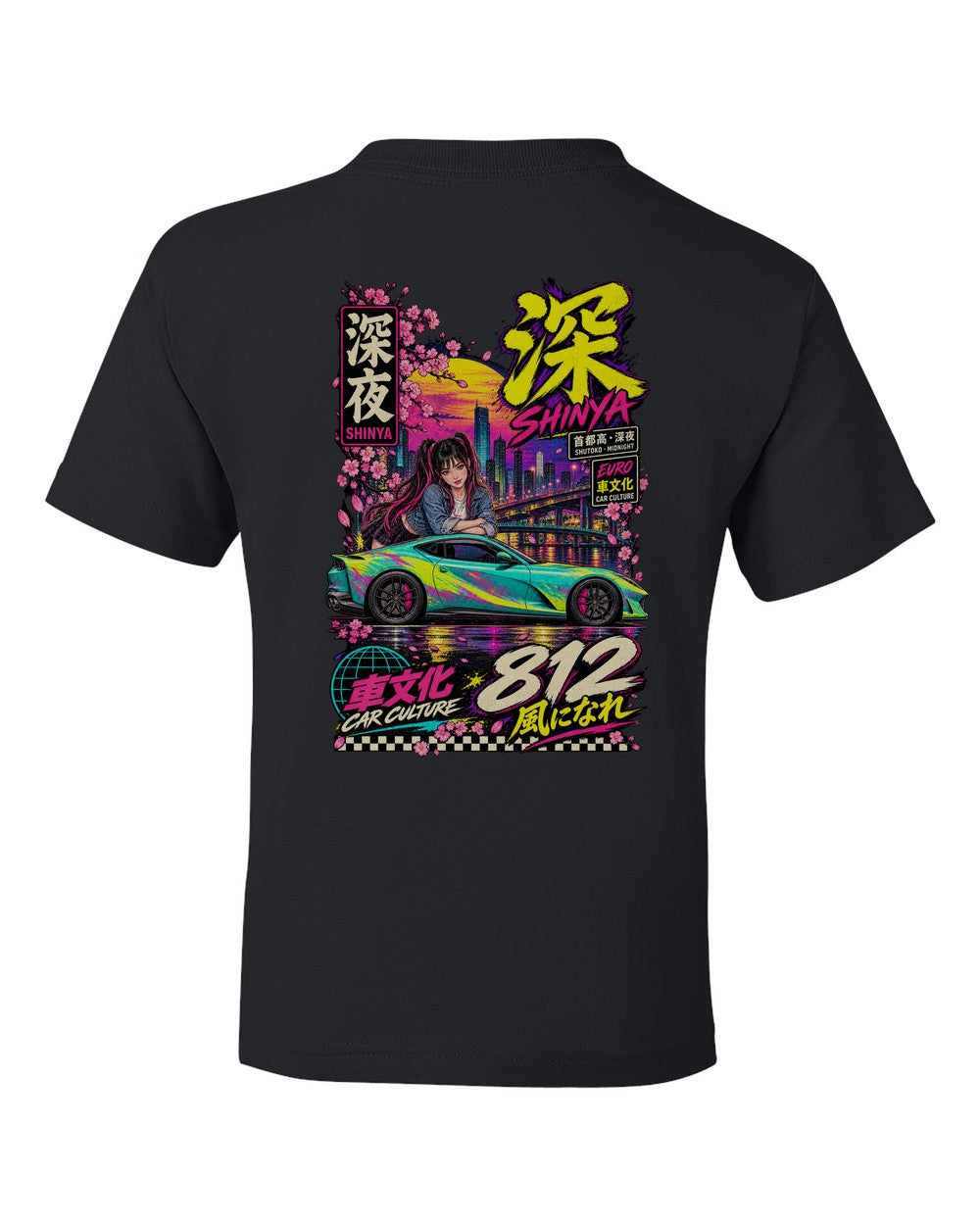 SHINYA 812 full-back artwork black kids tee back view with the design