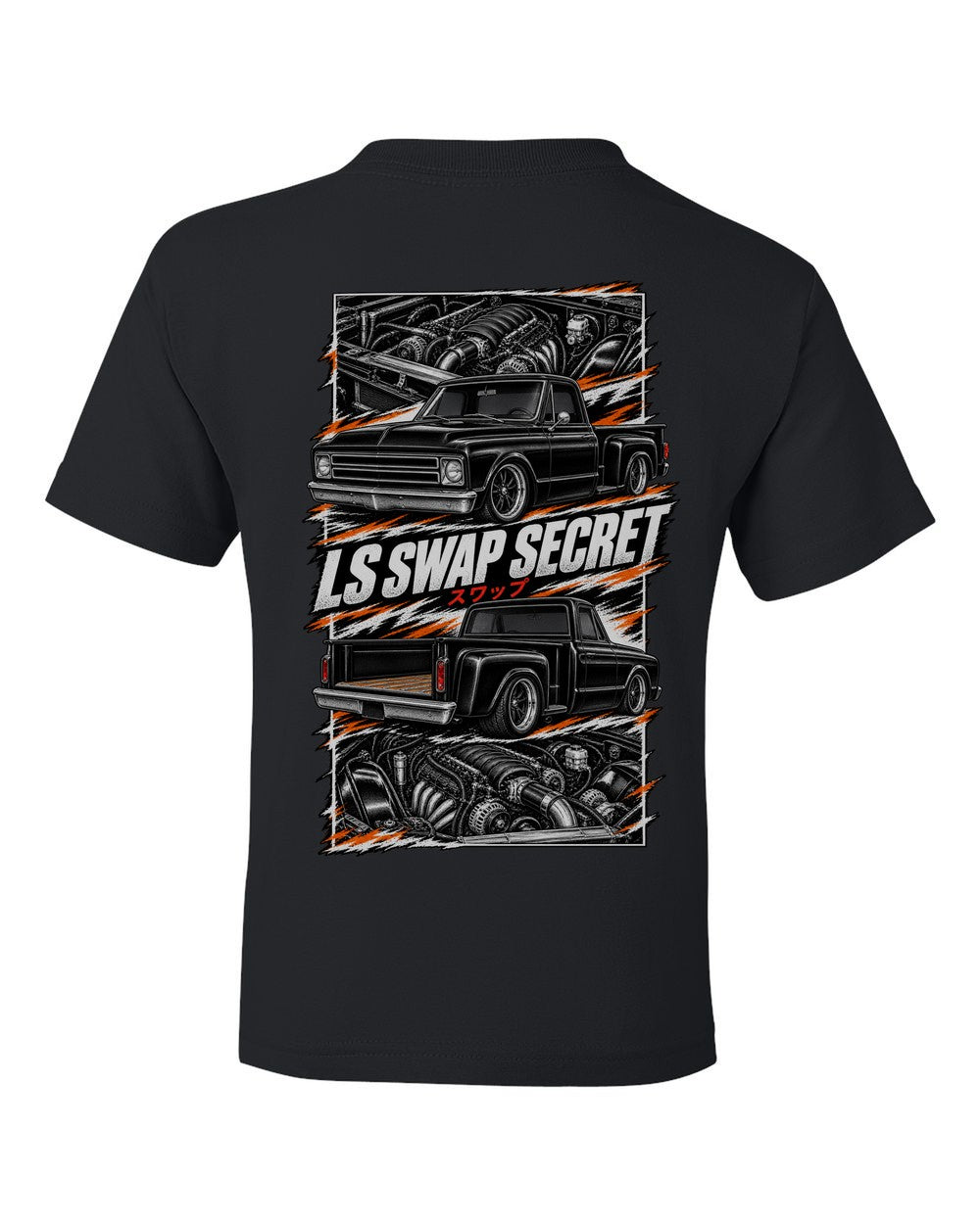 Chevy C10 LS Swap torn poster black kids tee back view with the design