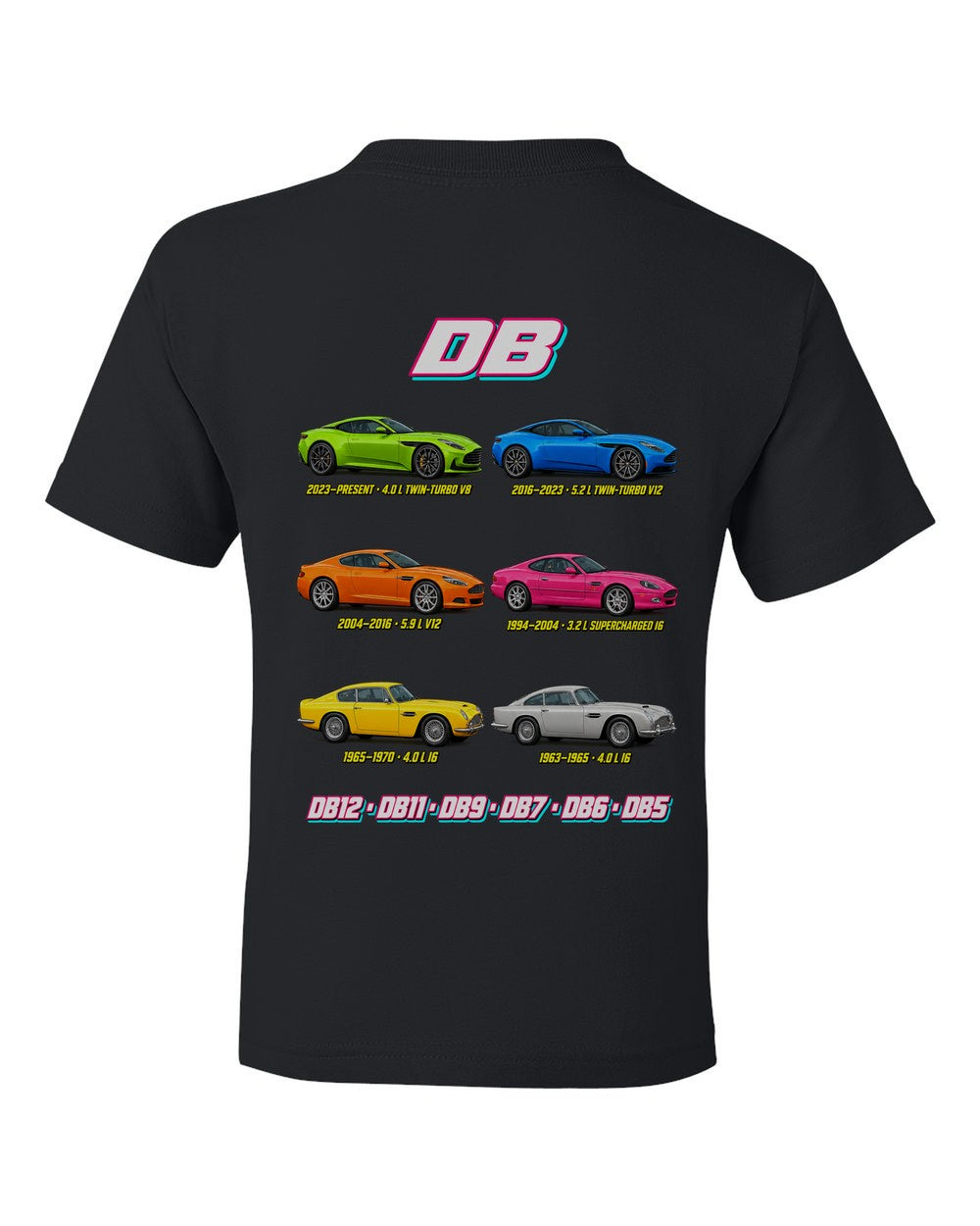 Aston Martin DB evolution poster black kids tee back view with the design