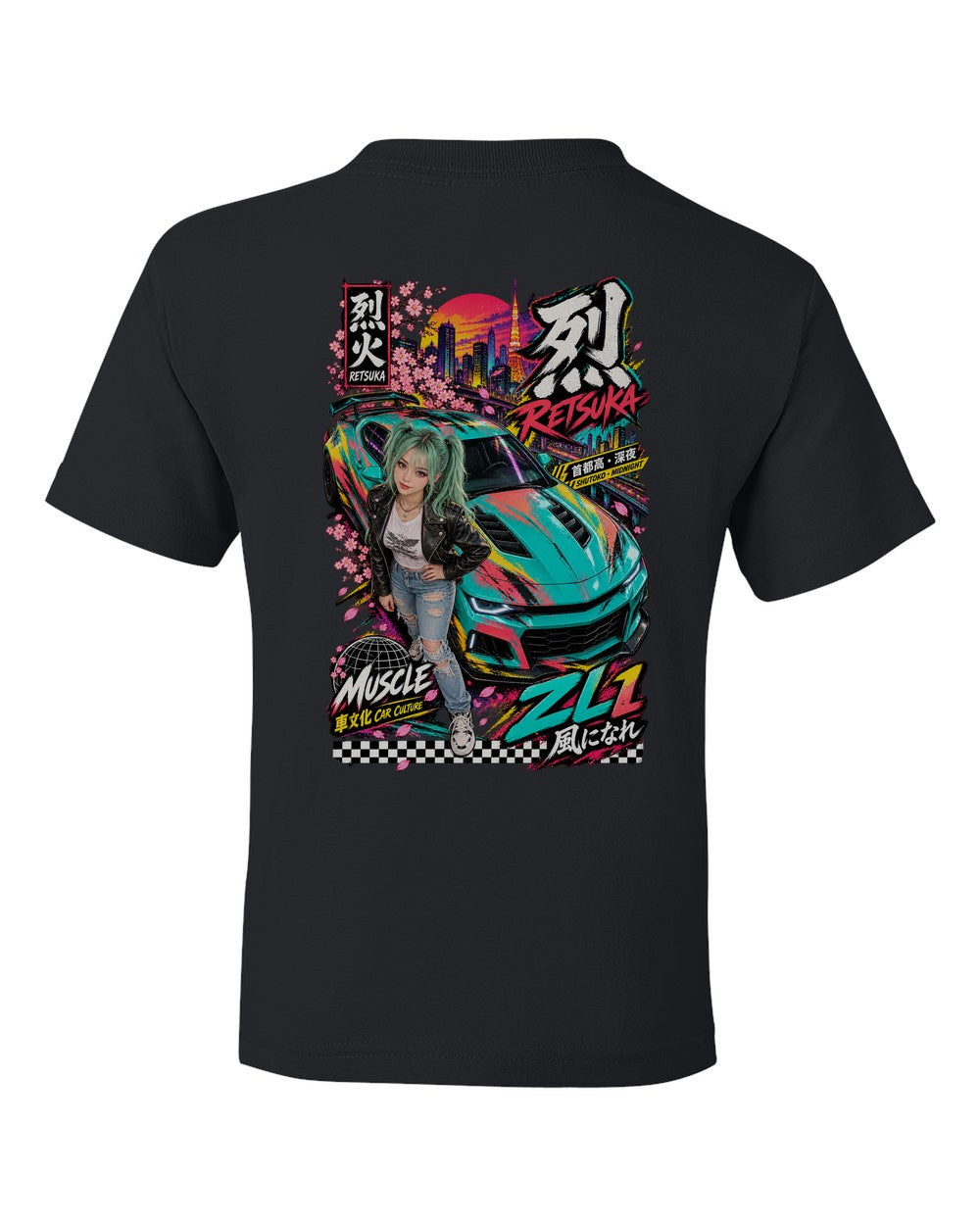 RETSUKA ZL1 full-back artwork black kids tee back view with the design