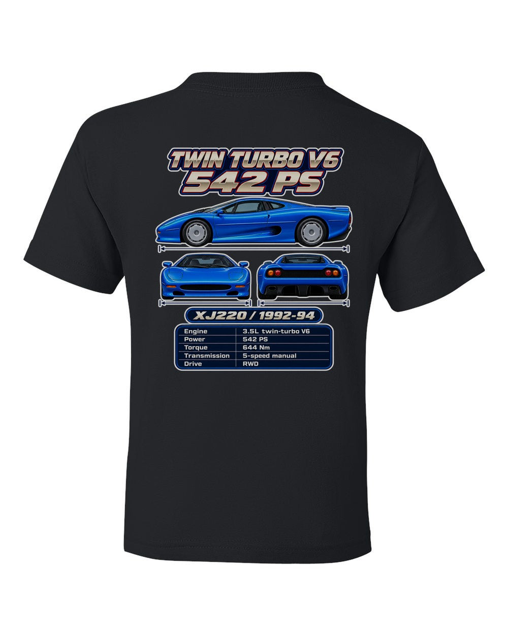Jaguar Xj220 spec sheet black kids tee back view with the design