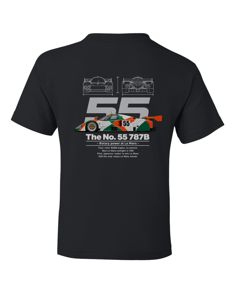 No. 55 787B black kids tee back view with the design