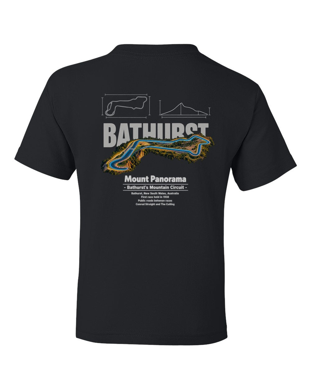 Mount Panorama black kids tee back view with the design