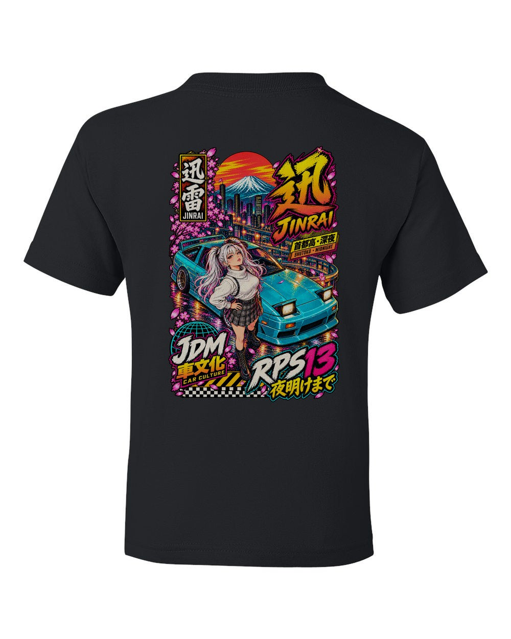 JINRAI RPS13 full-back artwork black kids tee back view with the design