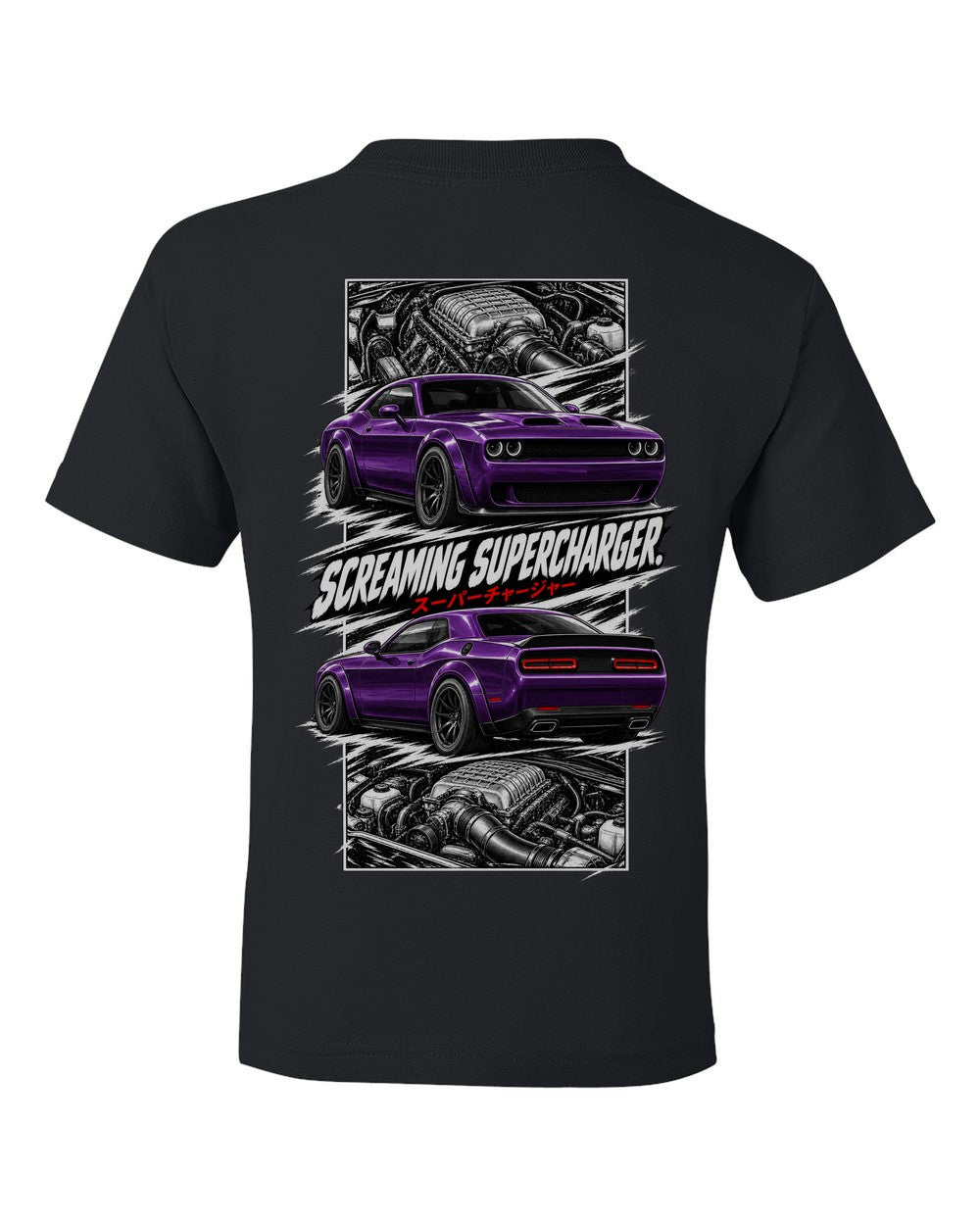 Dodge Hellcat torn poster black kids tee back view with the design