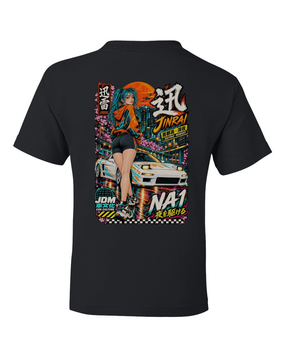 JINRAI NA1 full-back artwork black kids tee back view with the design