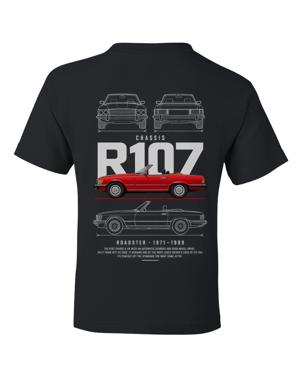 R107 full-back artwork black kids tee back view with the design