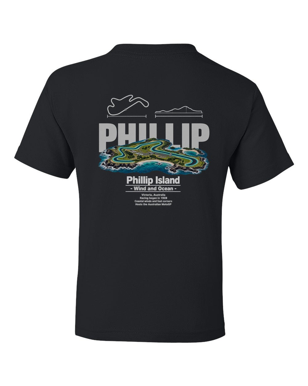 Phillip Island black kids tee back view with the design