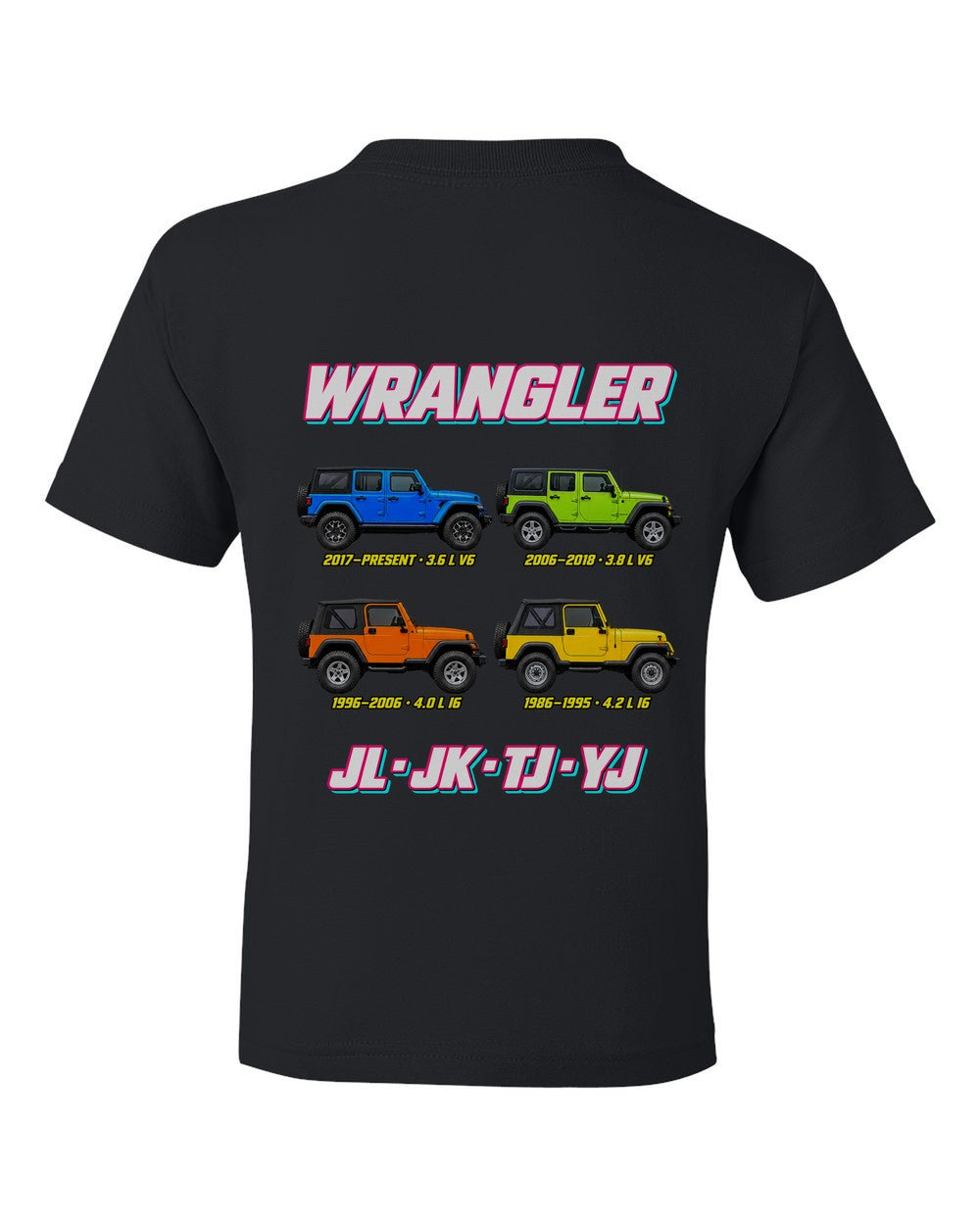 Jeep Wrangler evolution poster black kids tee back view with the design