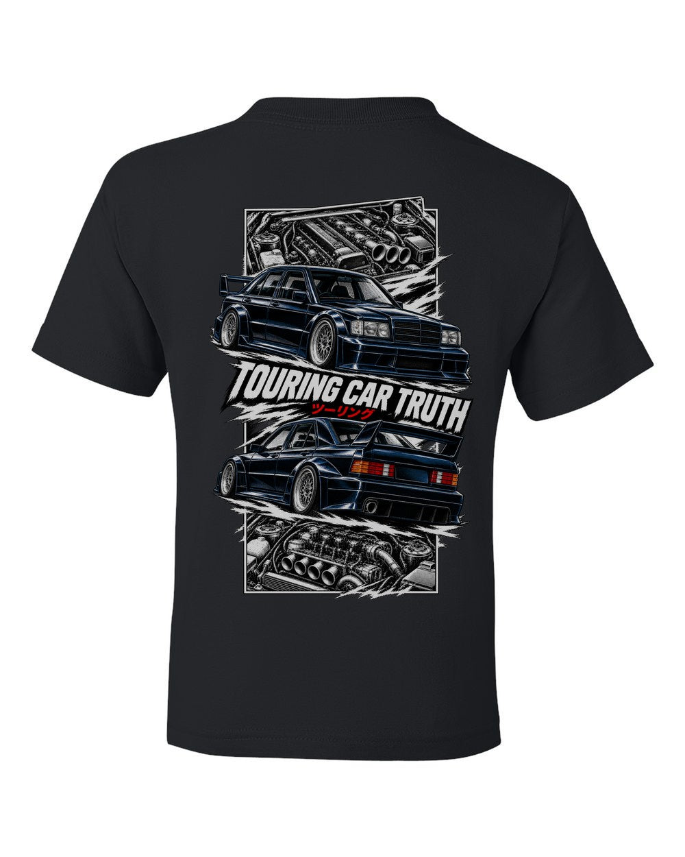 Mercedes 190E Evo Ii torn poster black kids tee back view with the design
