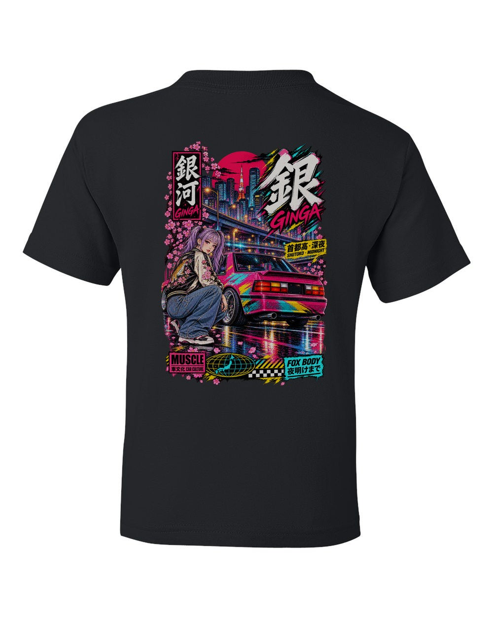 GINGA FOX BODY full-back artwork black kids tee back view with the design