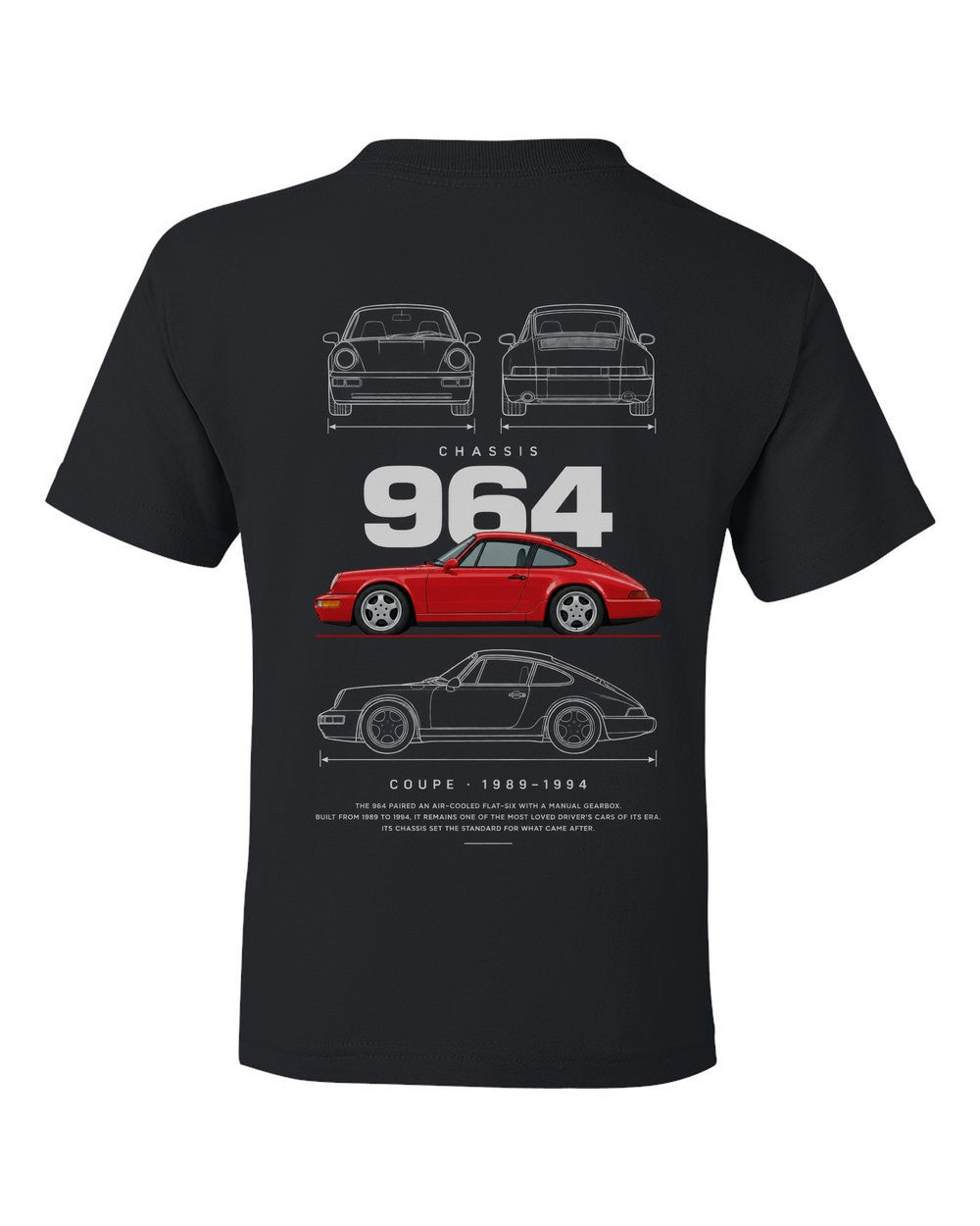 964 full-back artwork black kids tee back view with the design