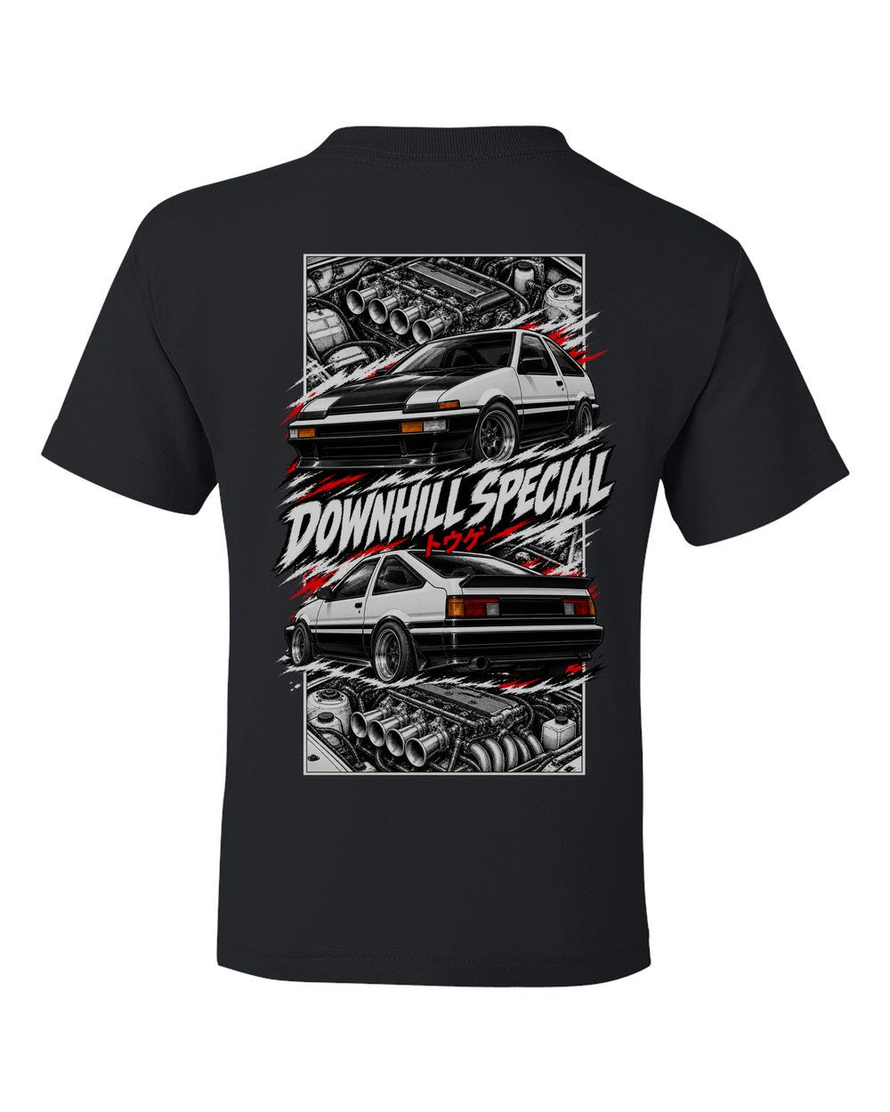 Toyota Ae86 torn poster black kids tee back view with the design