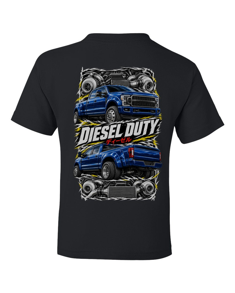 Ford F-250 Power Stroke torn poster black kids tee back view with the design