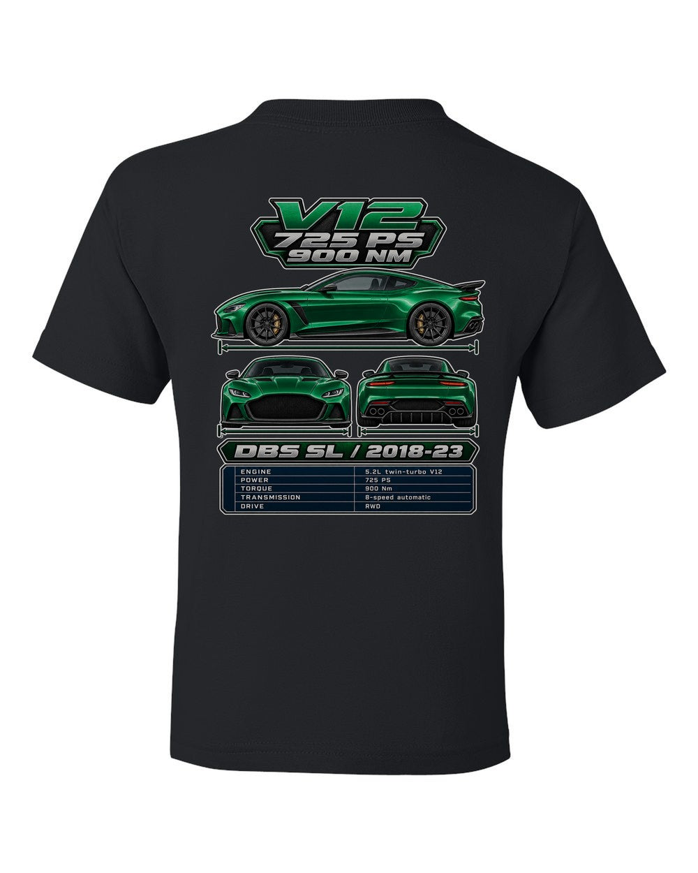 Aston Martin Dbs Superleggera spec sheet black kids tee back view with the design