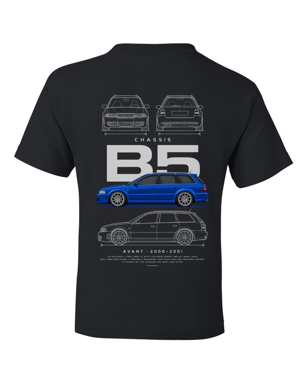 B5 full-back artwork black kids tee back view with the design