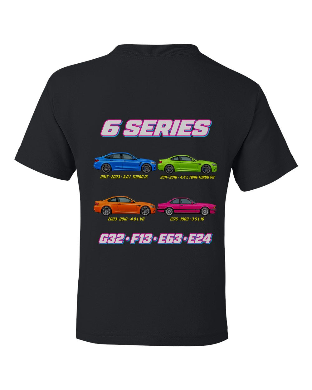 BMW 6 Series evolution poster black kids tee back view with the design
