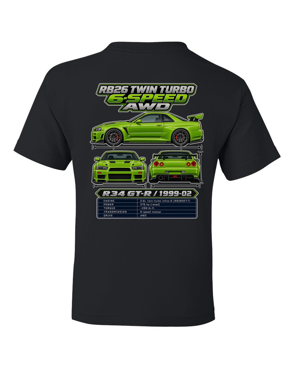 Nissan Skyline Gt R R34 spec sheet black kids tee back view with the design
