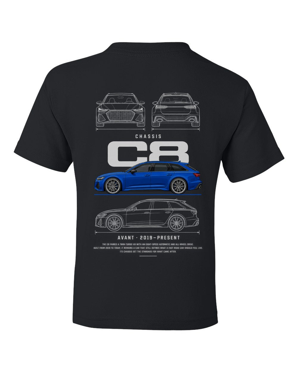C8 full-back artwork black kids tee back view with the design