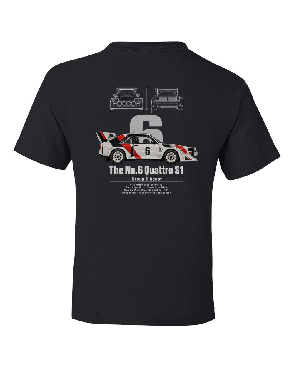 No. 6 Quattro S1 black kids tee back view with the design