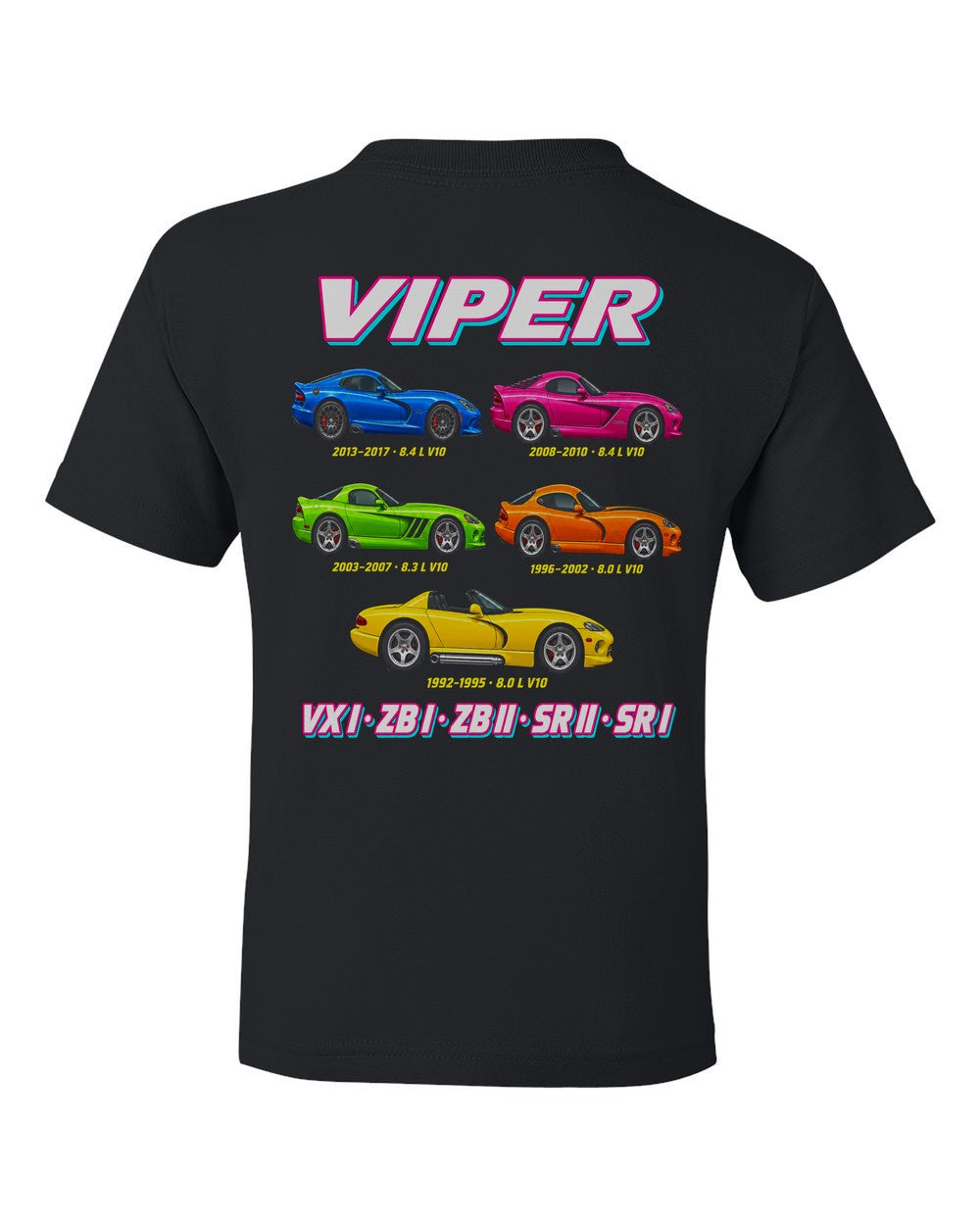 Dodge Viper evolution poster black kids tee back view with the design