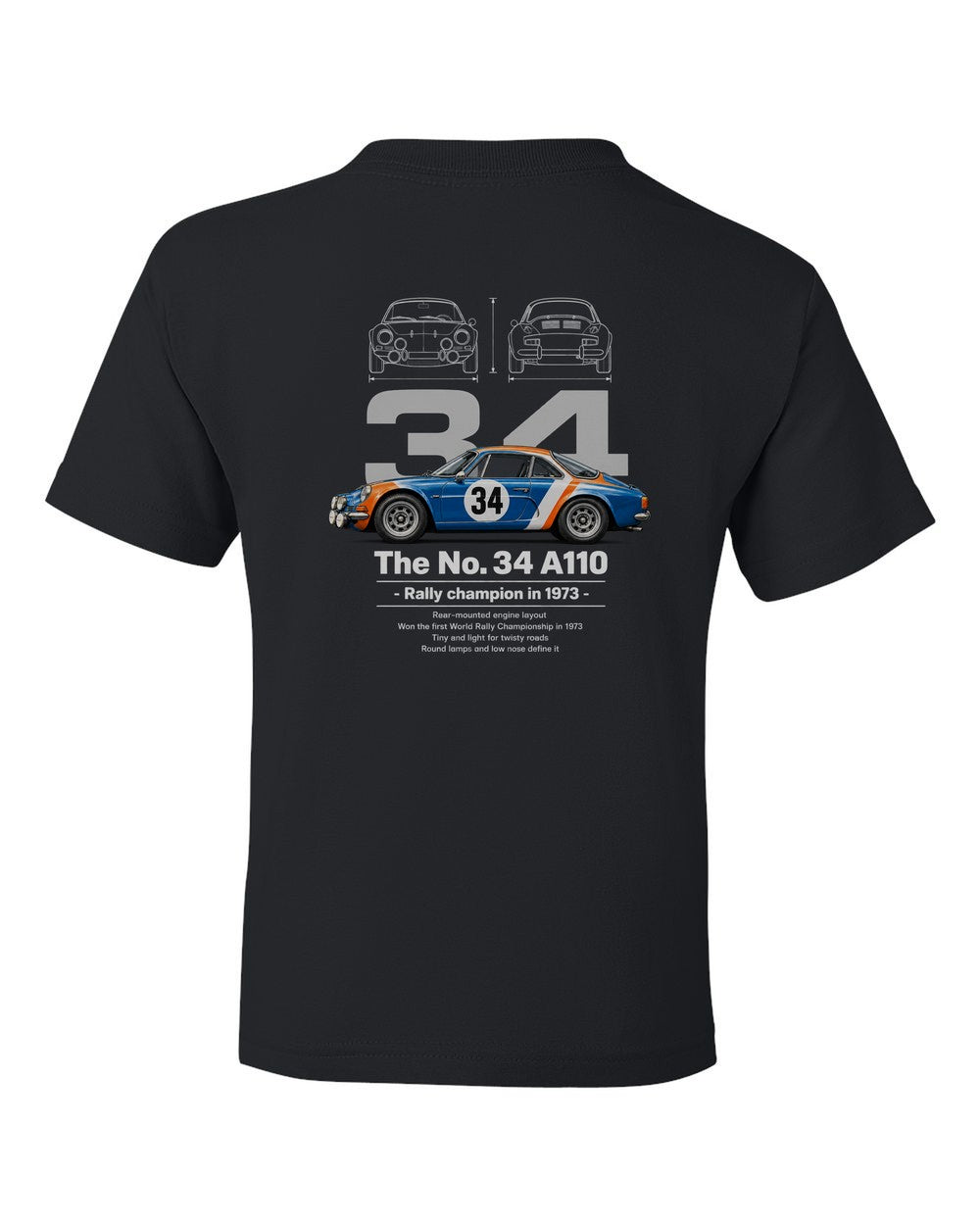 No. 34 A110 black kids tee back view with the design