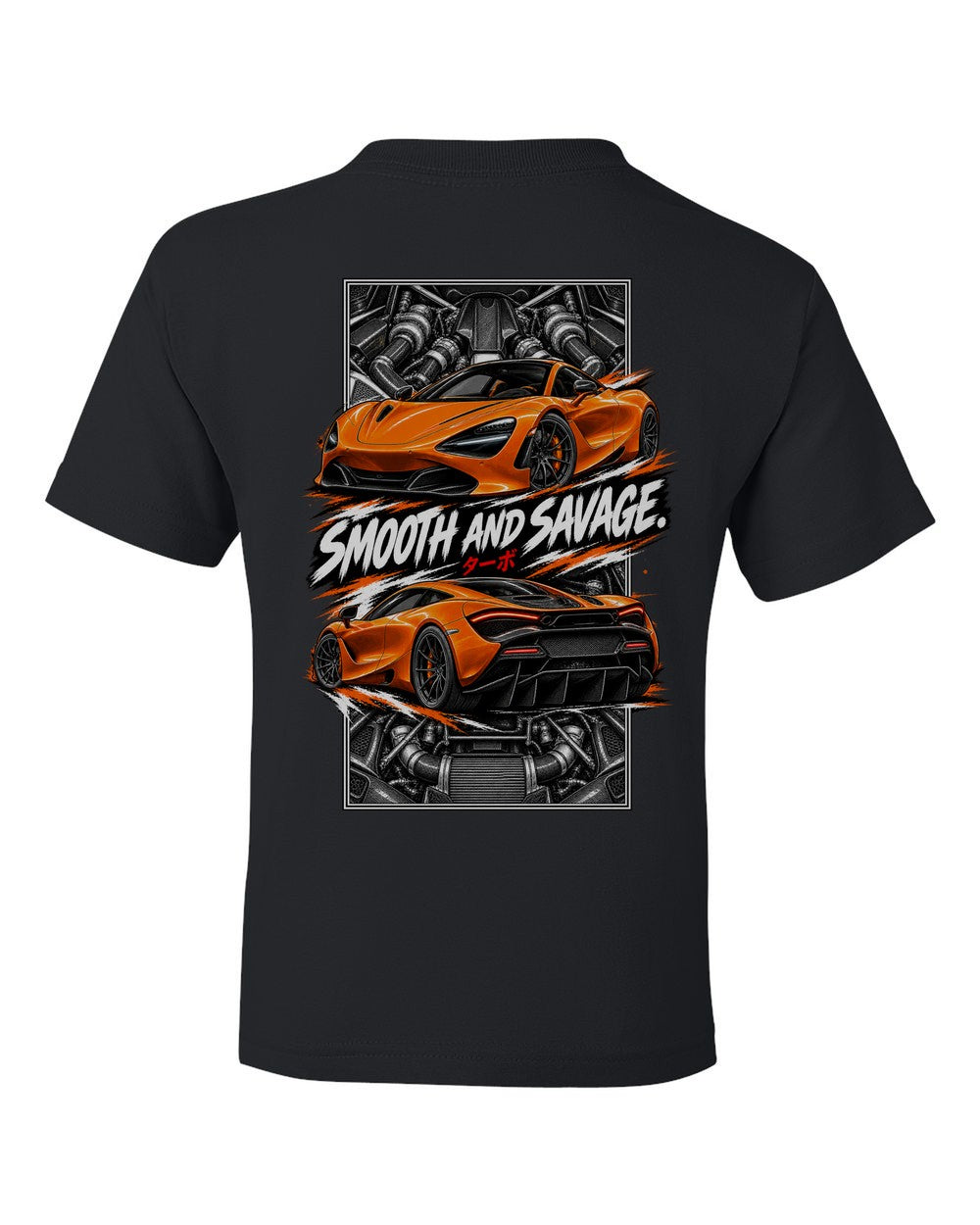 Mclaren 720S torn poster black kids tee back view with the design