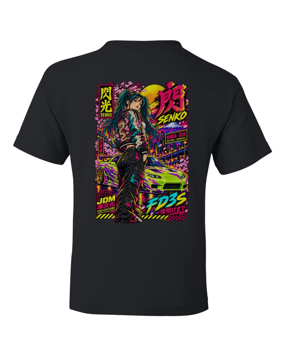 SENKO FD3S full-back artwork black kids tee back view with the design