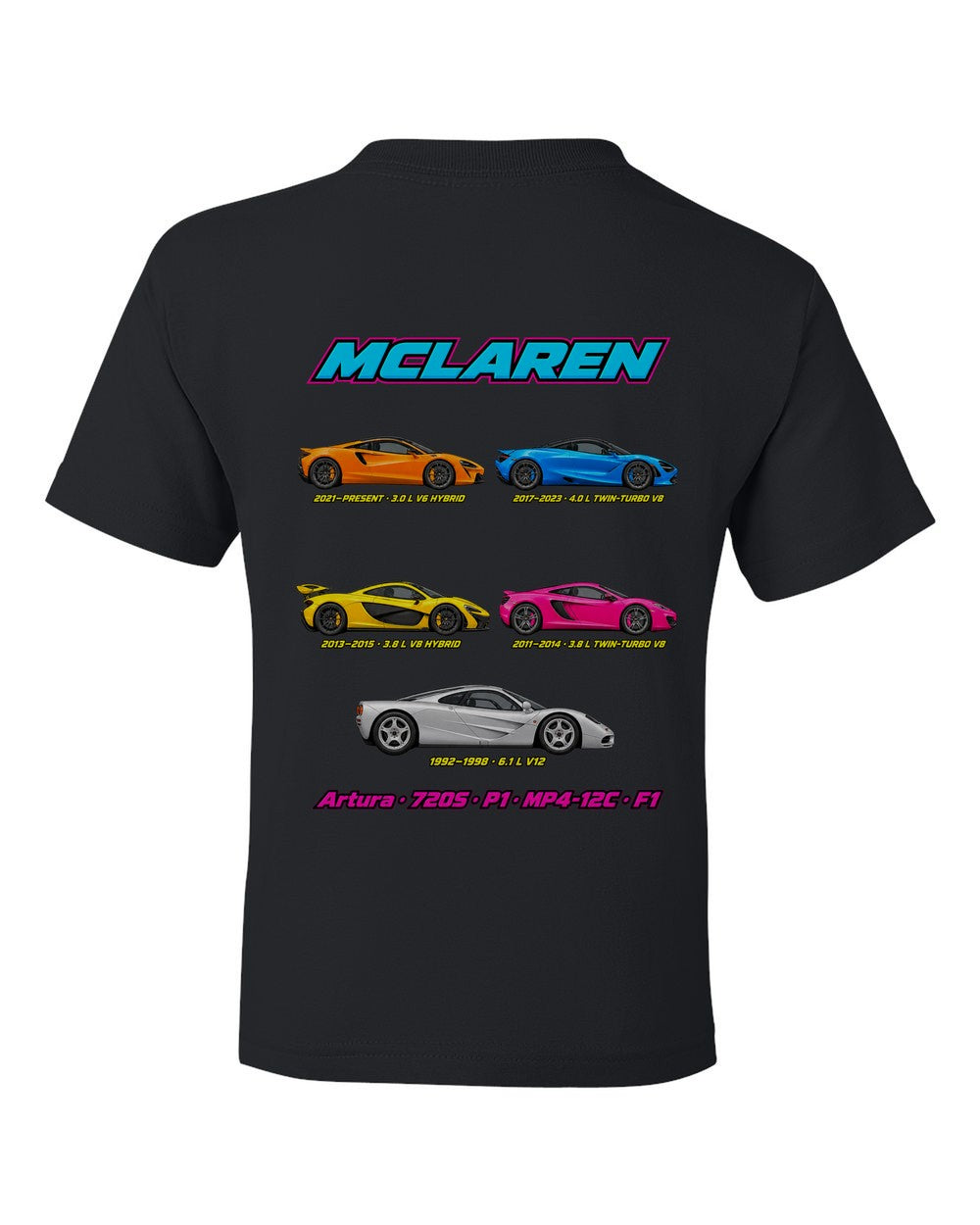 Mclaren Supercars evolution poster black kids tee back view with the design