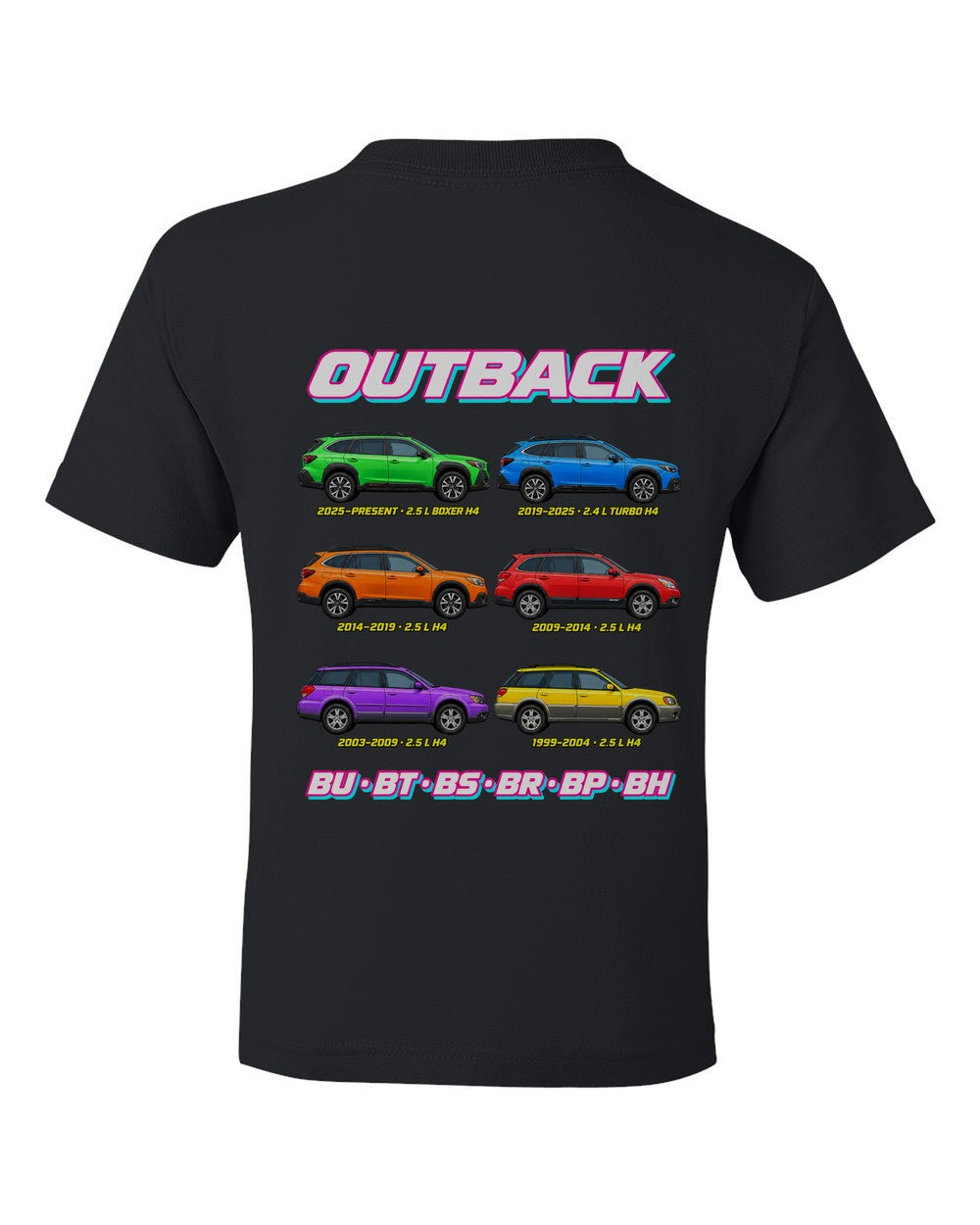 Subaru Outback evolution poster black kids tee back view with the design