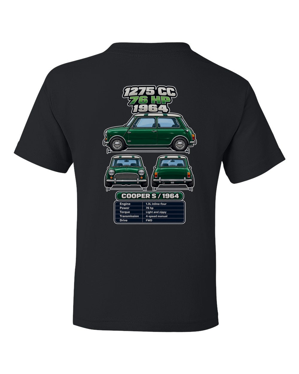 Classic Mini Cooper S spec sheet black kids tee back view with the design