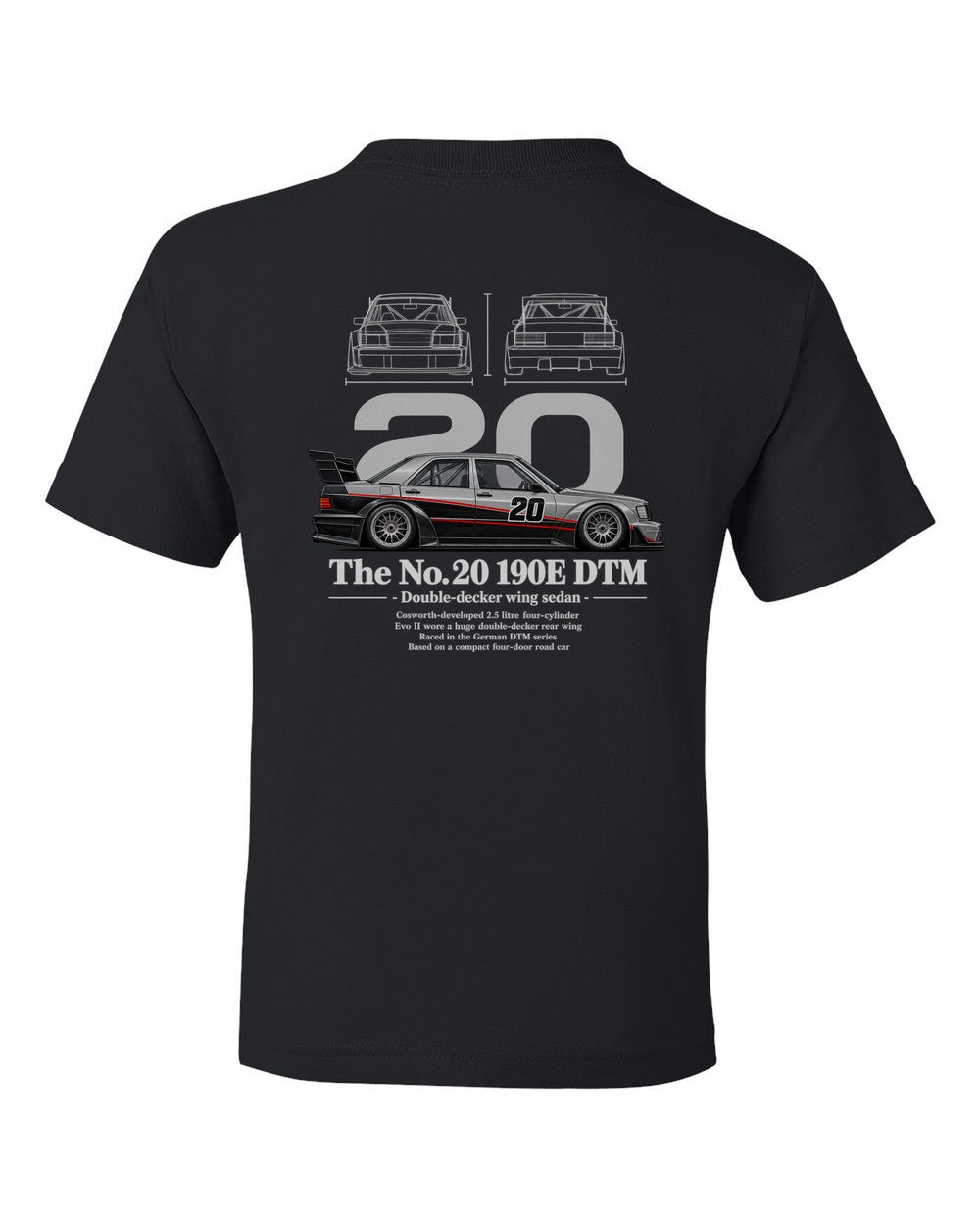 No. 20 190E DTM black kids tee back view with the design