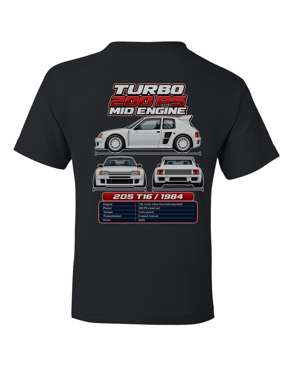 Peugeot 205 Turbo 16 spec sheet black kids tee back view with the design