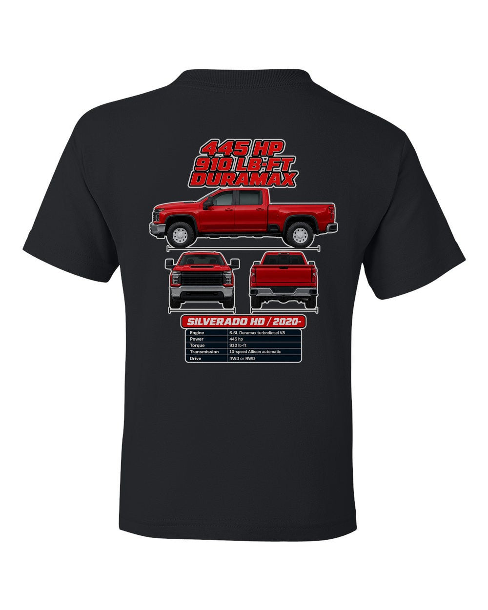Chevrolet Silverado Hd spec sheet black kids tee back view with the design