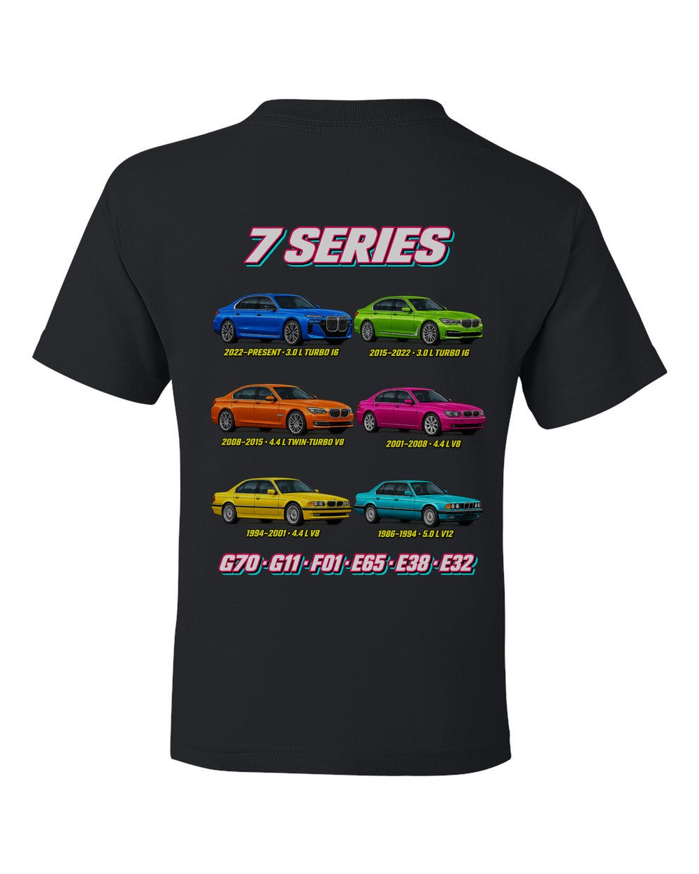 BMW 7 Series evolution poster black kids tee back view with the design