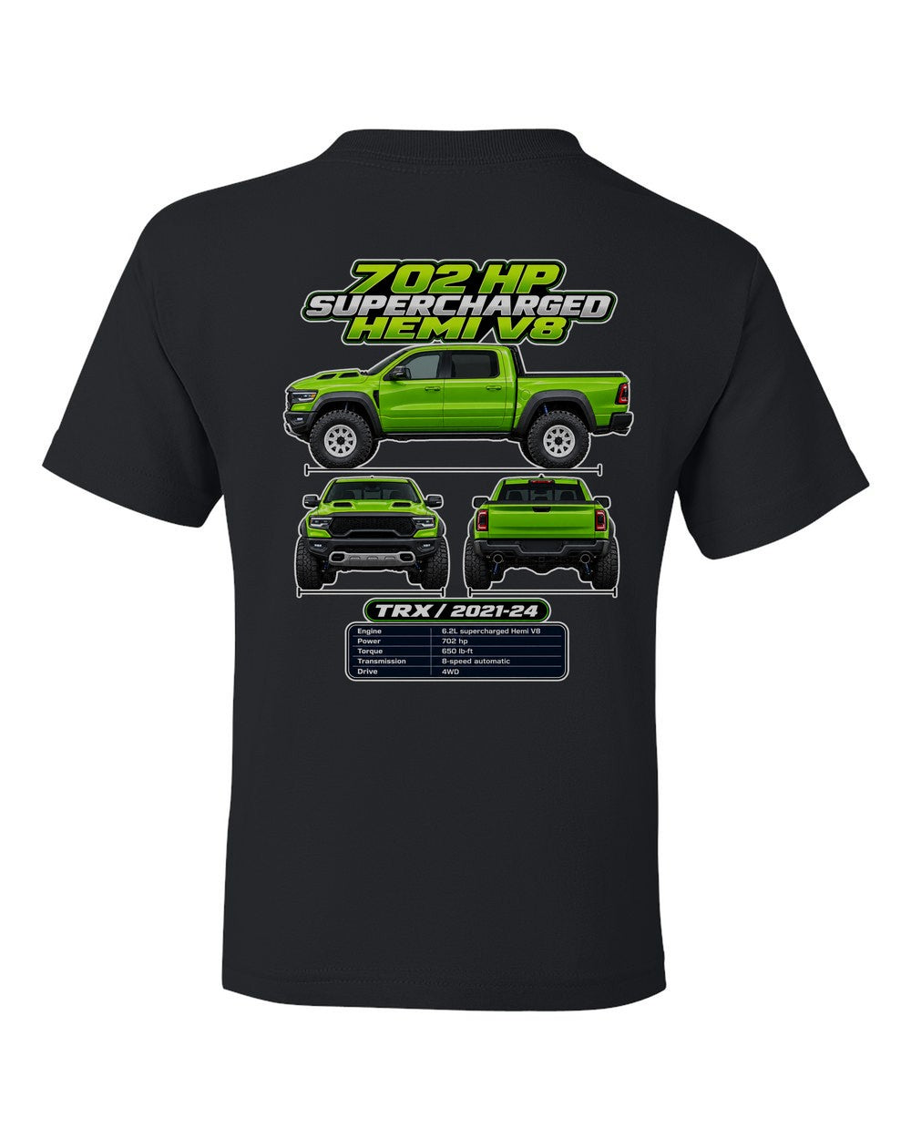 RAM 1500 Trx spec sheet black kids tee back view with the design