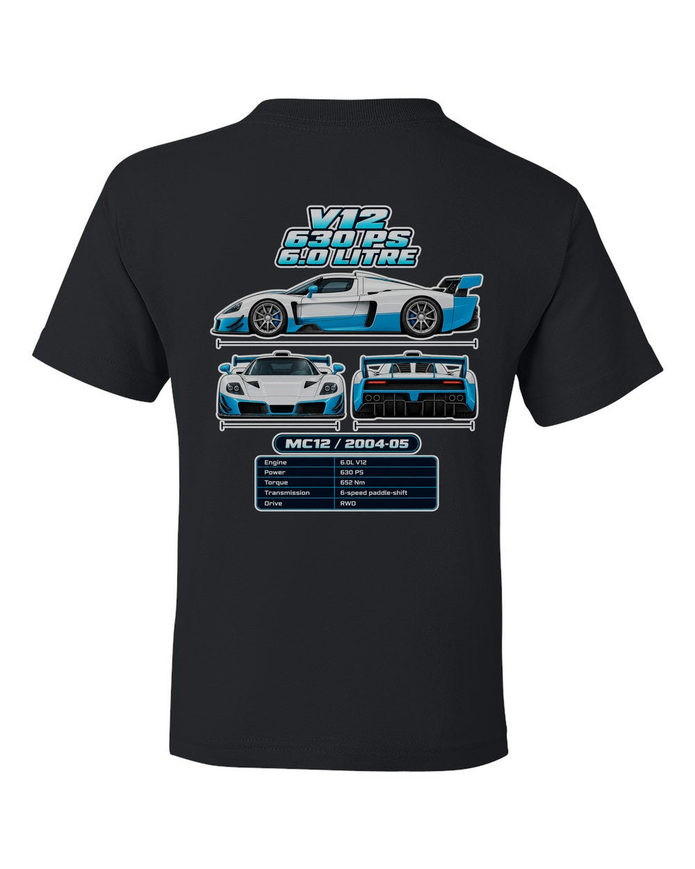 Maserati Mc12 spec sheet black kids tee back view with the design