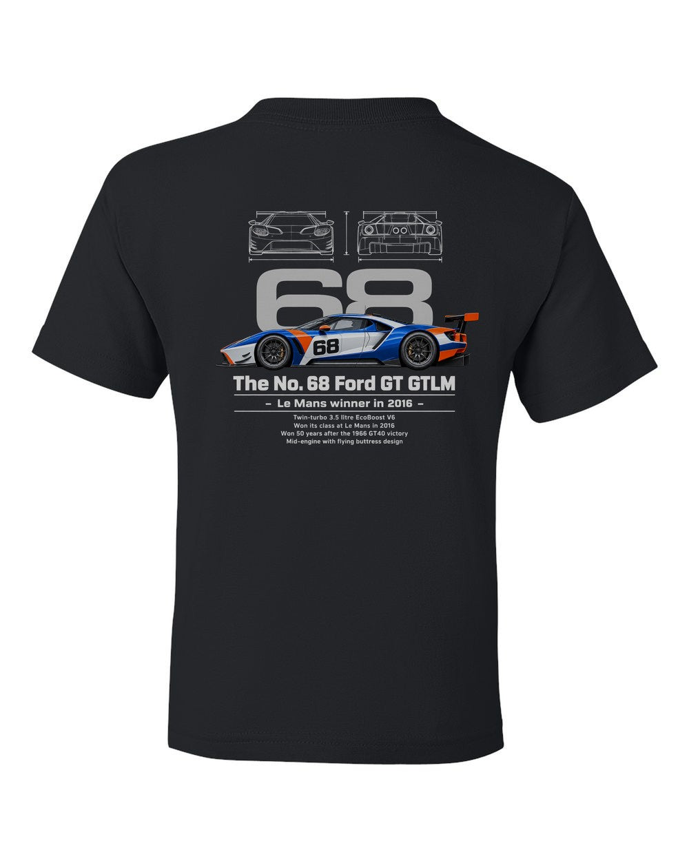 No. 68 Ford GT GTLM black kids tee back view with the design