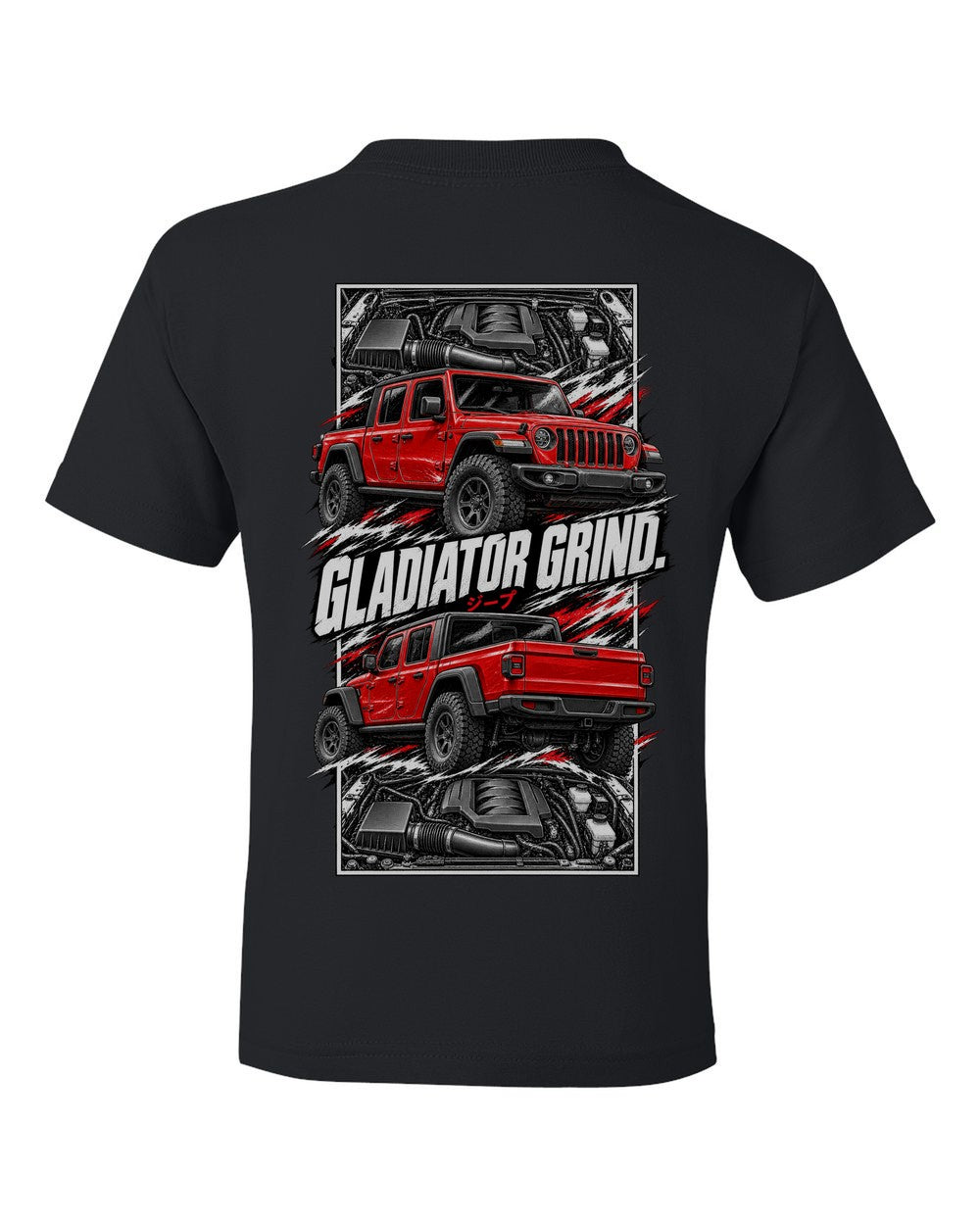 Jeep Gladiator torn poster black kids tee back view with the design