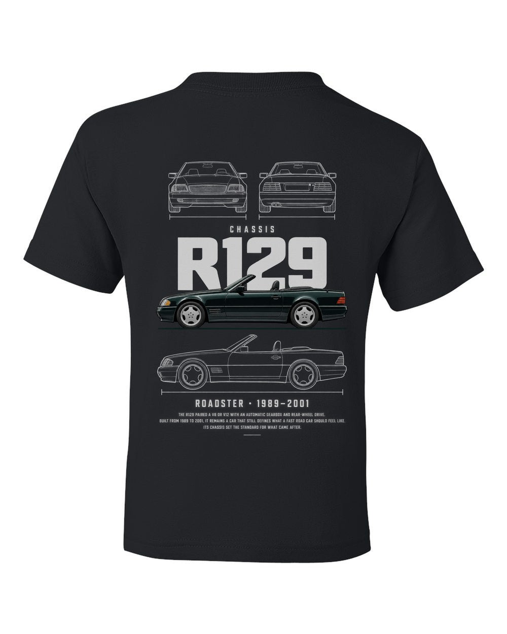 R129 full-back artwork black kids tee back view with the design