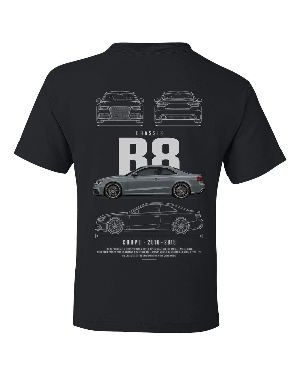 B8 full-back artwork black kids tee back view with the design
