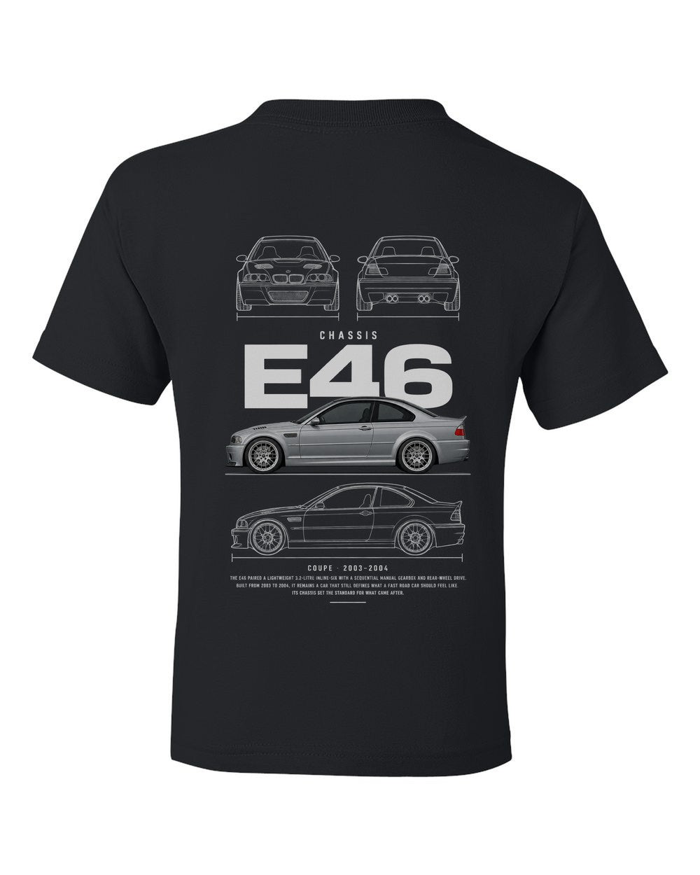 E46 full-back artwork black kids tee back view with the design