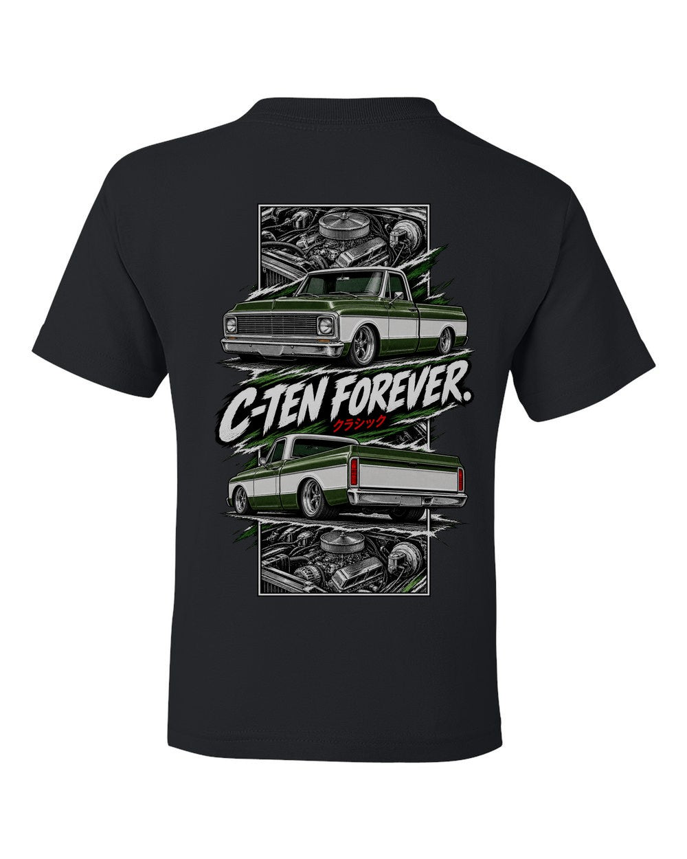 Chevy C10 1972 torn poster black kids tee back view with the design
