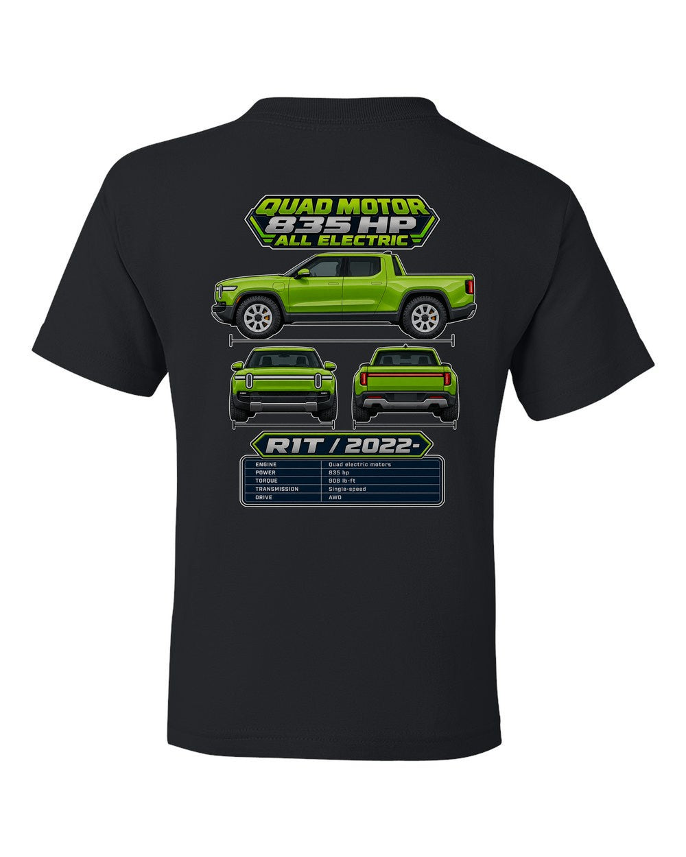 Rivian R1T spec sheet black kids tee back view with the design